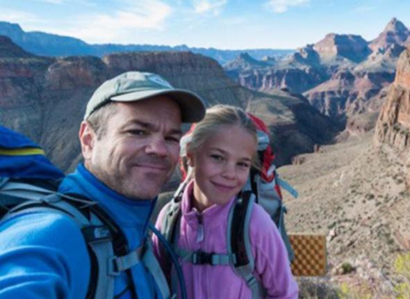 Michael A. Lanza, outdoor adventurer and creator of TheBigOutside.com, backpacking with his daughter at Grand Canyon National Park.
